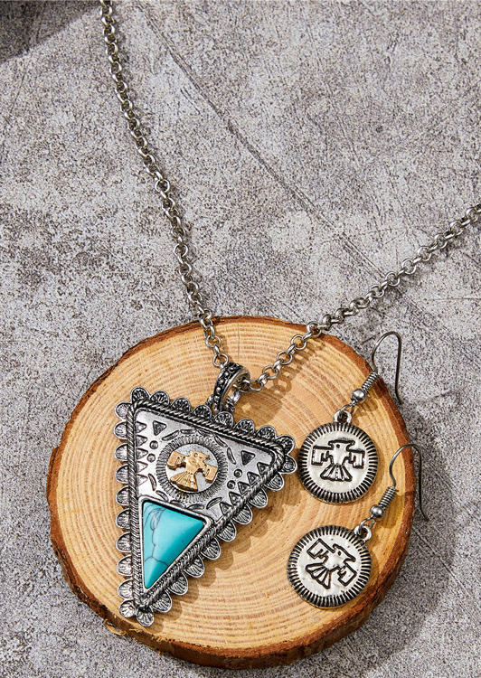 

Earrings 3Pcs Turquoise Pendant Necklace And Thunderbird Earrings Set in Silver. Size