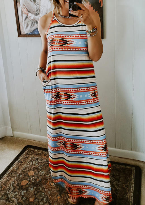Maxi Dresses Aztec Geometric Striped Pocket Spaghetti Strap Maxi Dress in Multicolor. Size: S,M,L,XL