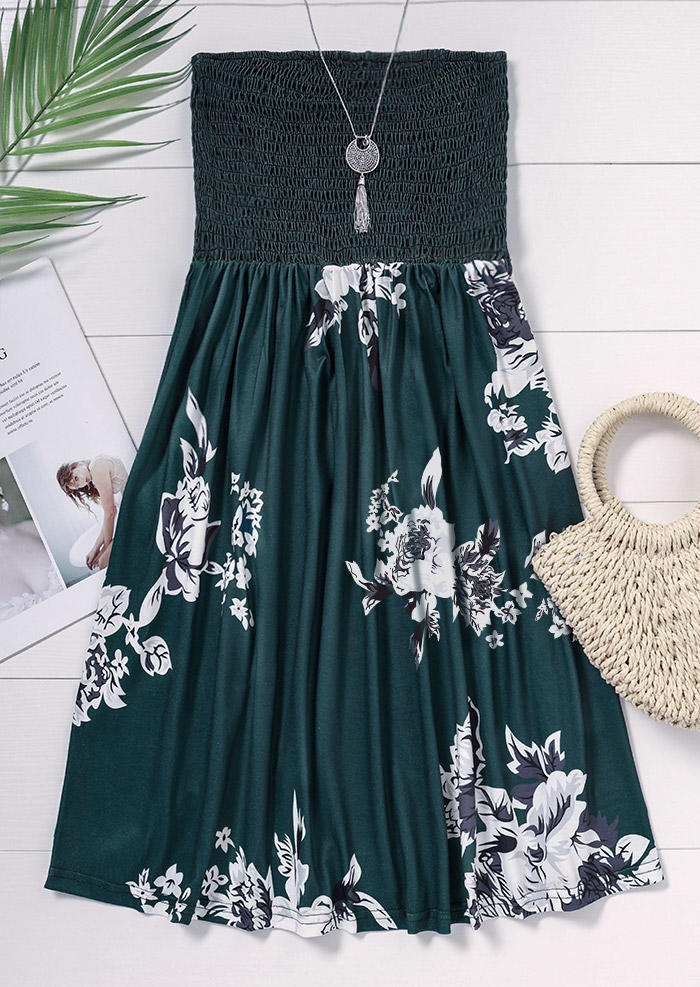 Floral Smocked Strapless Bandeau Mini Dress - Green