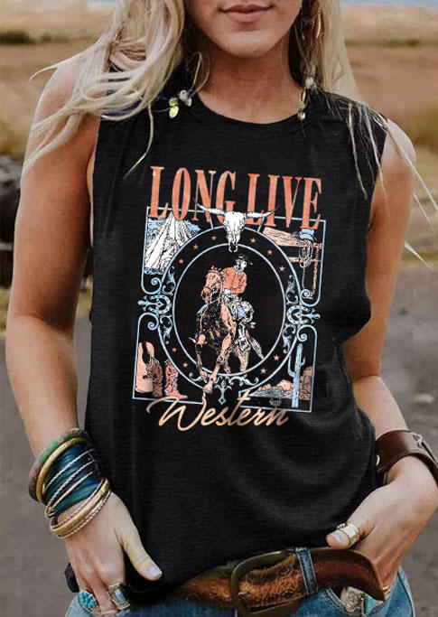 

Tank Tops Long Live Western Steer Skull Horse Tank Top in Black. Size: ,M,L,XL