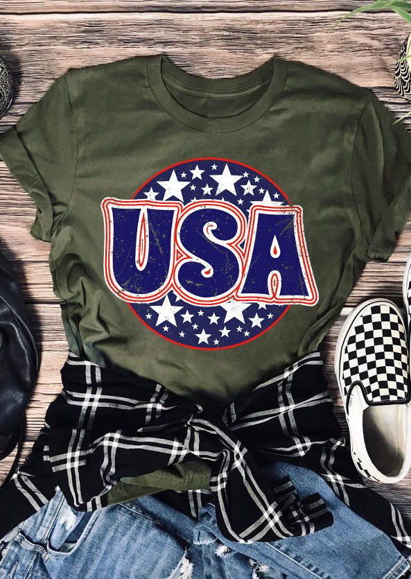 T-shirts Tees USA Star O-Neck T-Shirt Tee - Army Green in Green. Size: L,M,S