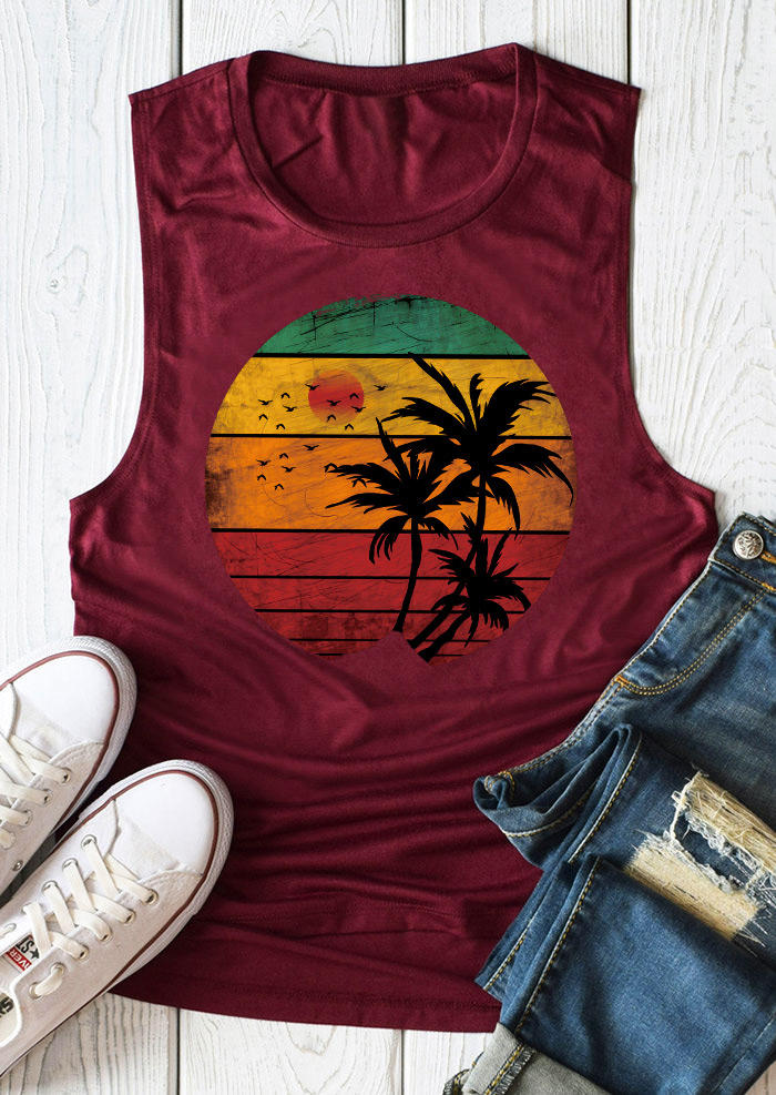 

Tank Tops Sun Coconut Tree O-Neck Tank Top in Burgundy. Size