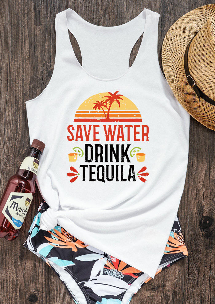 

Tank Tops Save Water Drink Tequila Coconut Tree Racerback Tank Top in White. Size