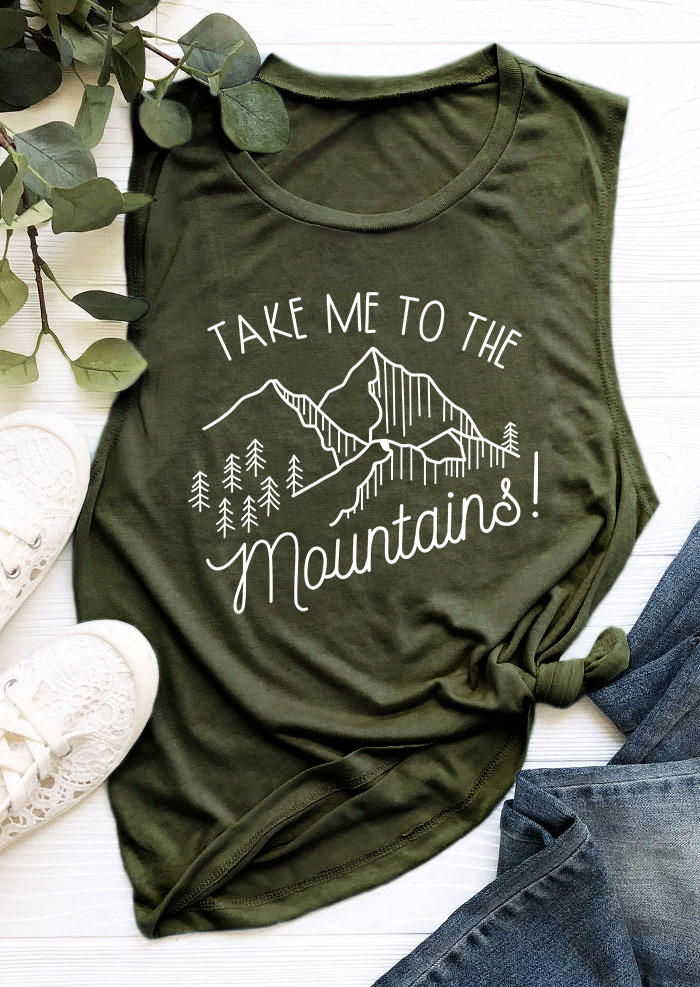Tank Tops Take Me To The Mountains O-Neck Tank Top in Army Green. Size: S,M,L,XL