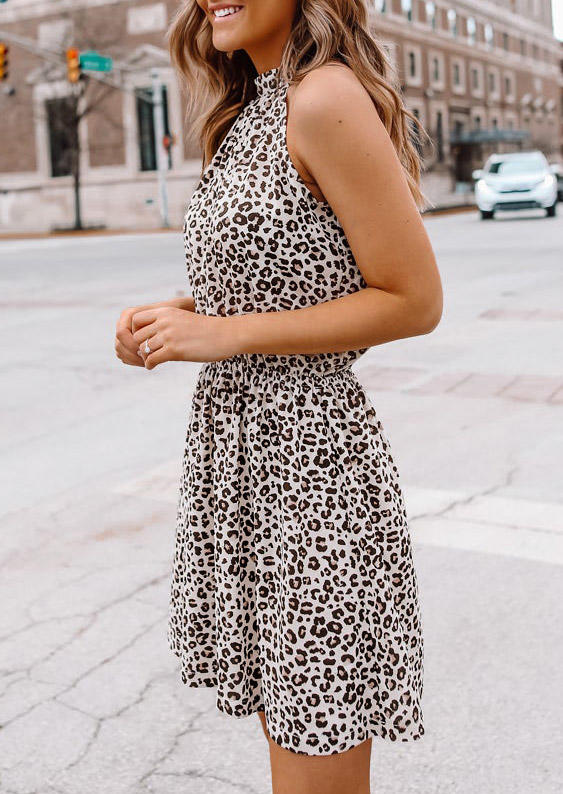 Mini Dresses Leopard Halter Tie Sleeveless Mini Dress in Multicolor. Size: L