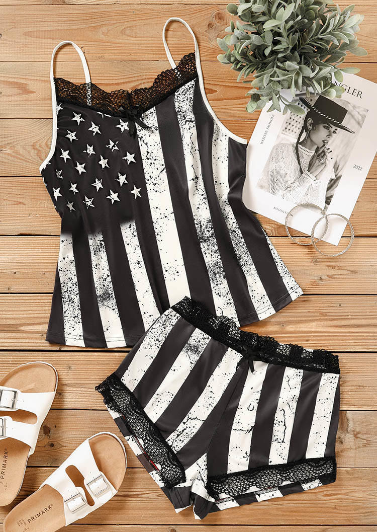 

Sleepwear American Flag Lace Star Camisole And Shorts Pajamas Set in Multicolor. Size