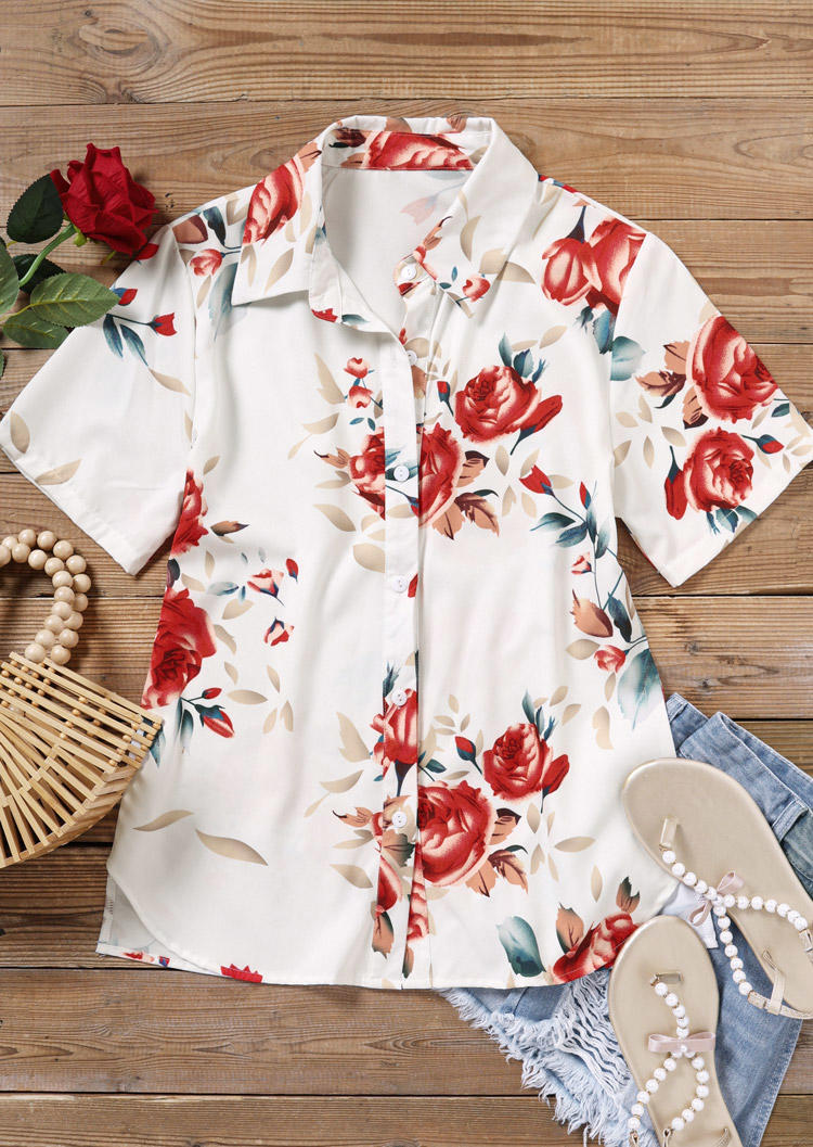 Shirts Floral Button Short Sleeve Shirt in White. Size: S,M,L,XL