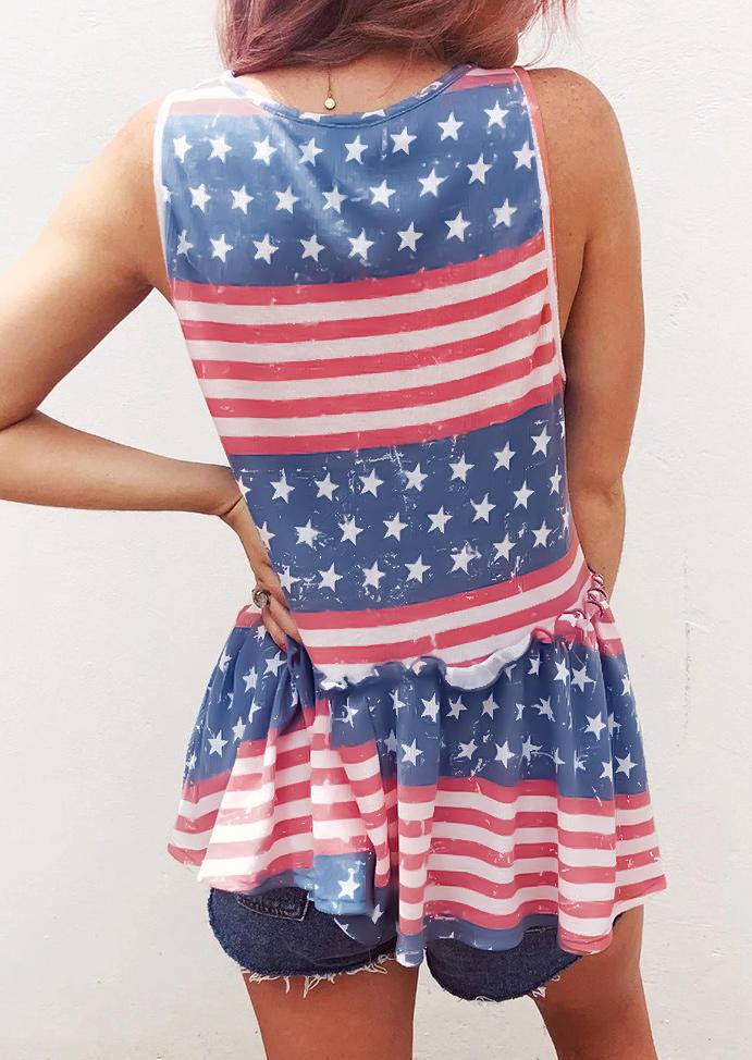 

Tank Tops American Flag Ruffled Casual Tank Top in Multicolor. Size: L,M