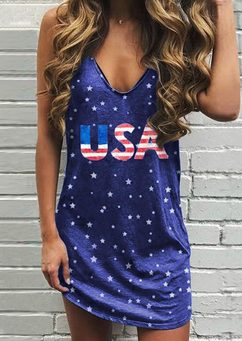 

Mini Dresses USA American Flag Star Sleeveless Mini Dress in Blue. Size