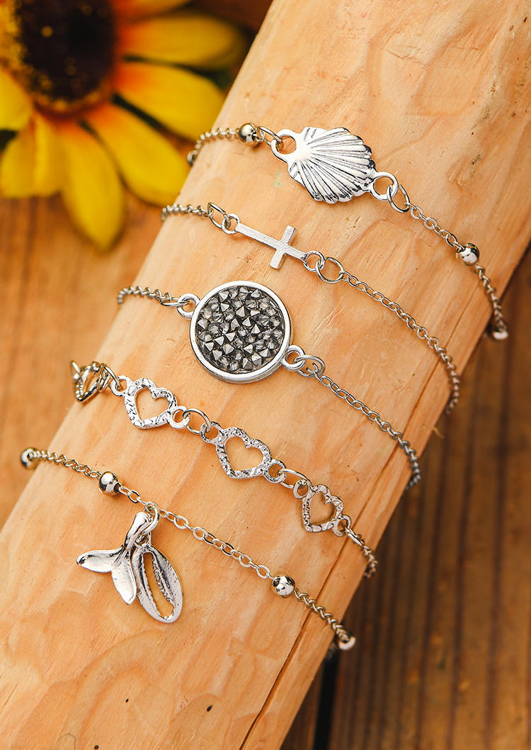 

Bracelet 5Pcs Fishtail Shell Heart Cross Alloy Bracelet Set in Silver. Size