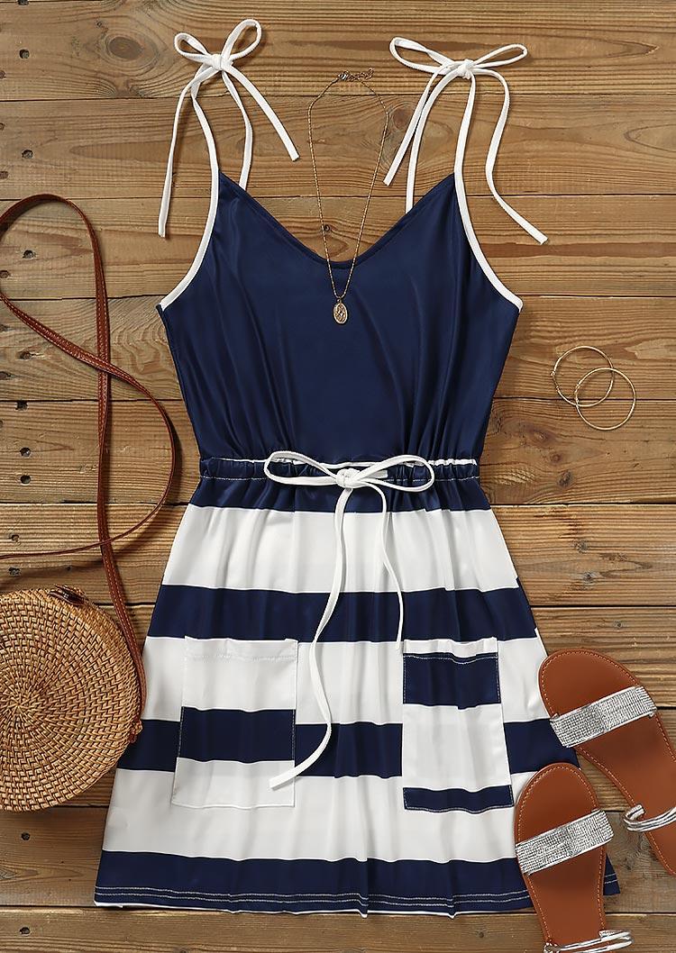 Mini Dresses Striped Pocket Tie Sleeveless Mini Dress in Navy Blue. Size: S,M,L,XL