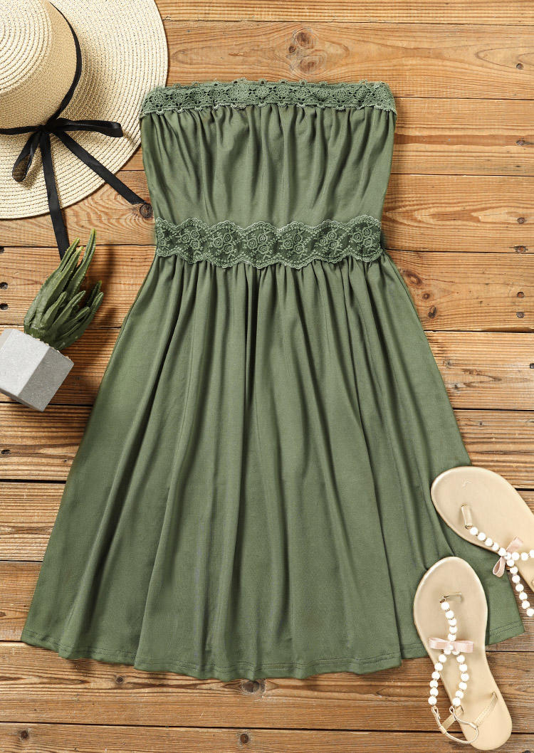 Lace Splicing Ruffled Strapless Bandeau Mini Dress - Army Green