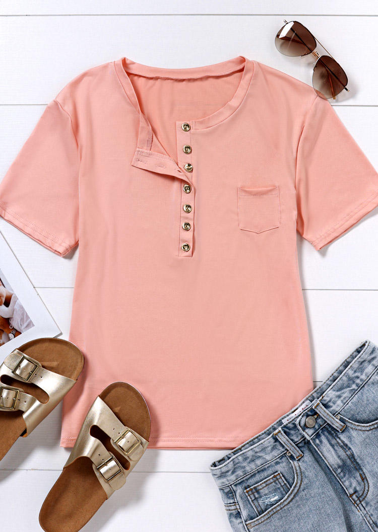 

Blouses Button Pocket Notched Neck Blouse in Pink. Size