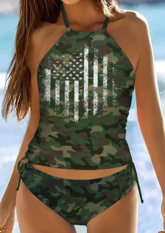 

Tankinis American Flag Camouflage Halter Tankini Set in Multicolor. Size
