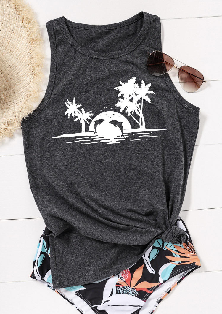 

Tank Tops Coconut Tree Dolphin O-Neck Racerback Tank Top in Dark Grey. Size: ,M,L