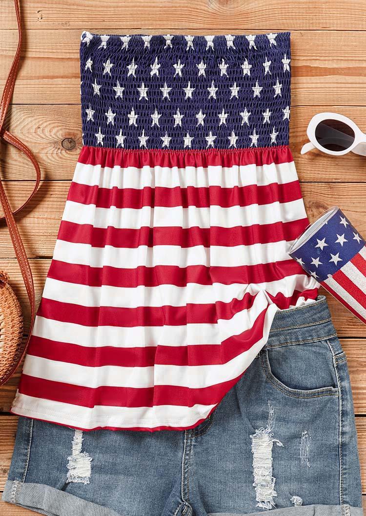 

Tank Tops American Flag Smocked Strapless Bandeau Tank Top in Multicolor. Size