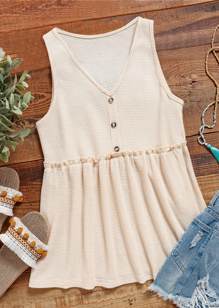 Tank Tops Waffle Button Ruffled Casual Tank Top in Apricot. Size: L,M,S