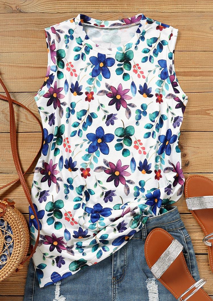 

Tank Tops Floral O-Neck Casual Tank Top in White. Size