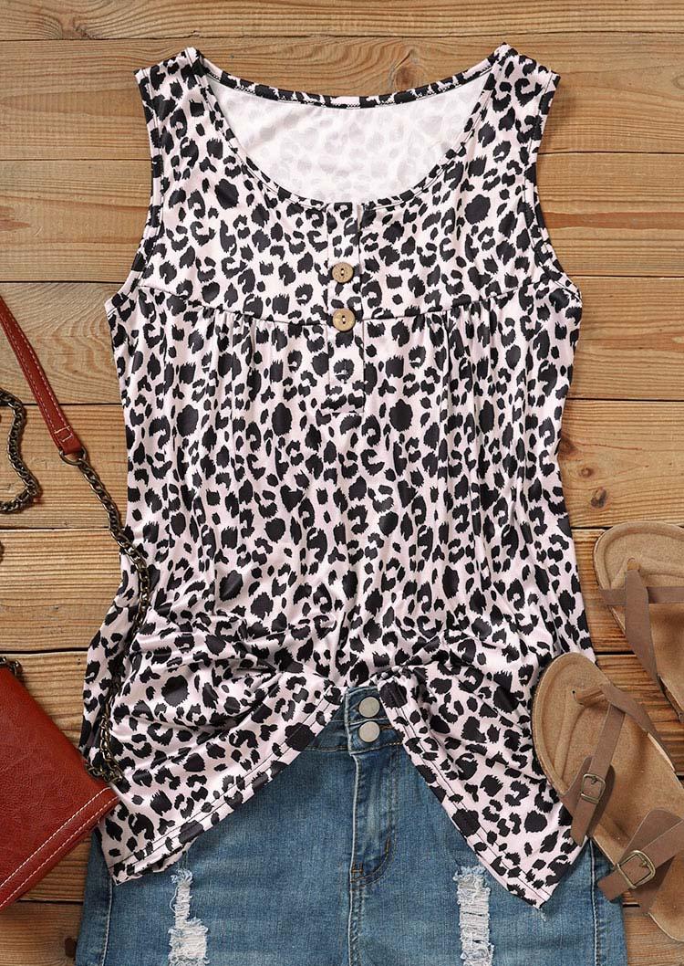 Tank Tops Leopard Button Ruffled Notched Neck Tank Top in Leopard. Size: S,M,L,XL