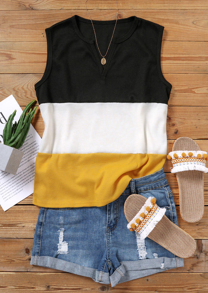 

Tank Tops Color Block Notched Neck Waffle Casual Tank Top in Multicolor. Size