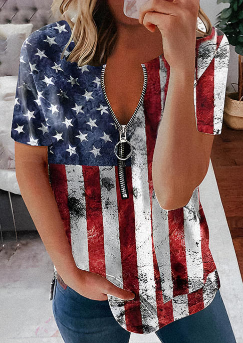 Blouses American Flag Zipper Short Sleeve Blouse in Multicolor. Size: S,M,L,XL