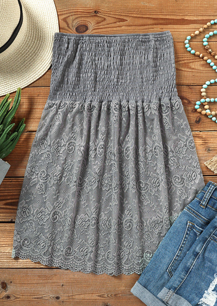 Tank Tops Lace Splicing Smocked Strapless Bandeau Tank Top in Gray. Size: L,M,S