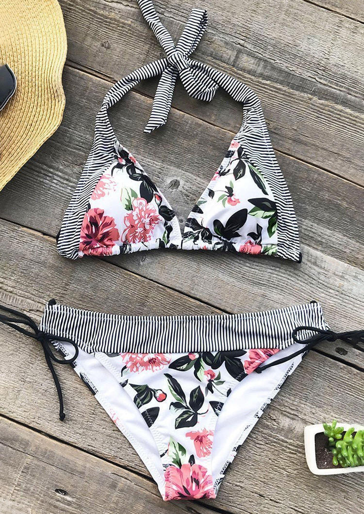 

Bikini Sets Floral Striped Halter Tie Bikini Set in Multicolor. Size: ,M,L,XL