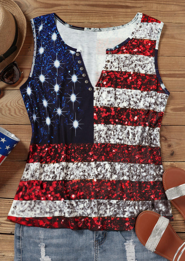 Tank Tops American Flag Glitter Notched Neck Tank Top without Camisole in Multicolor. Size: S
