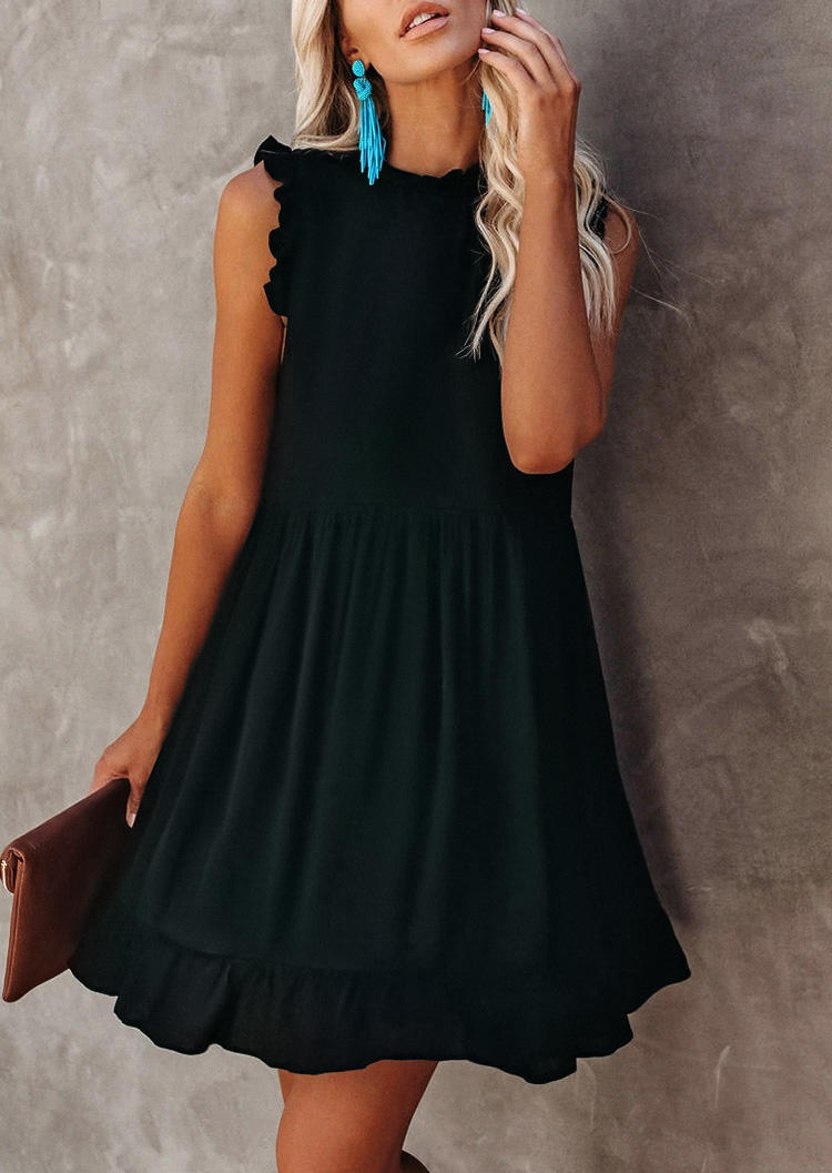 Mini Dresses Ruffled Sleeveless O-Neck Mini Dress in Black. Size: L