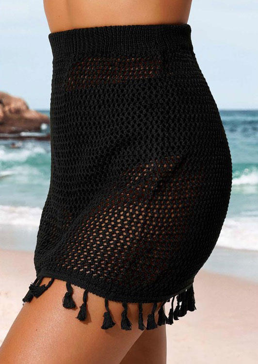 

Cover Ups Crochet Tassel Elastic Waist Cover Up Skirt in Black. Size