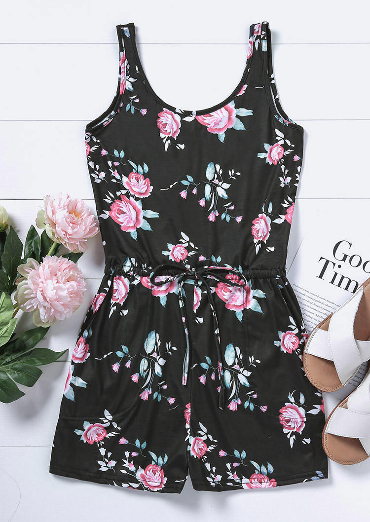 Jumpsuits & Rompers Floral Pocket Sleeveless Romper in Black. Size: S,M,L,XL