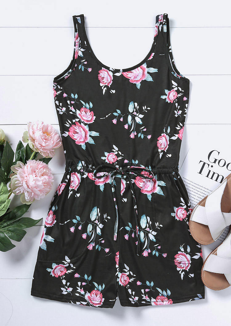 

Jumpsuits & Rompers Floral Pocket Sleeveless Romper in Black. Size