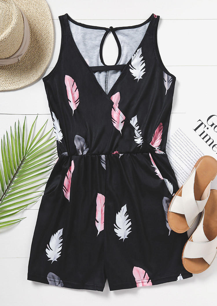 

Jumpsuits & Rompers Feather Hollow Out Pocket Sleeveless Romper in Black. Size: ,M,L,XL