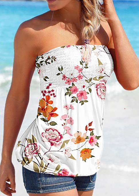 Tank Tops Floral Smocked Strapless Bandeau Tank Top in White. Size: S