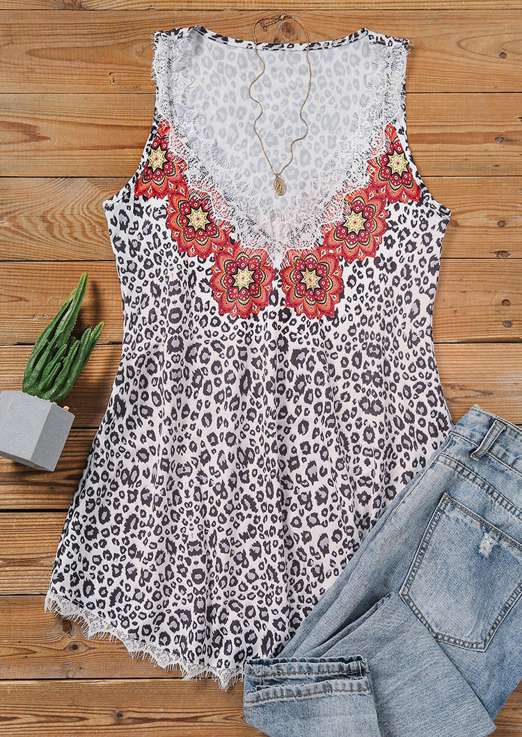 Tank Tops Floral Leopard Lace Splicing Tank Top in Multicolor. Size: M,XL