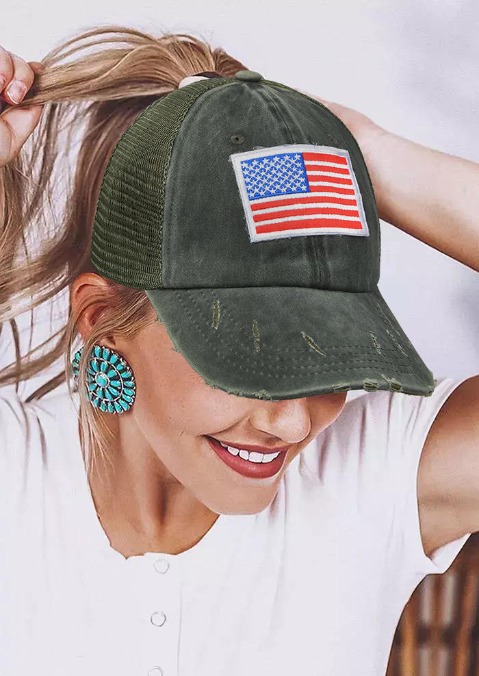 

Hats American Flag Mesh Ripped Hollow Out Baseball Cap in Army Green. Size