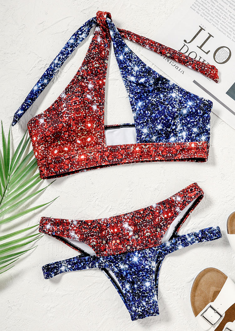 

Bikini Sets American Flag Glitter Halter Hollow Out Bikini Set in Multicolor. Size
