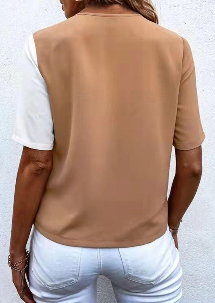 

Blouses Color Block Button Pocket V-Neck Blouse in Khaki. Size