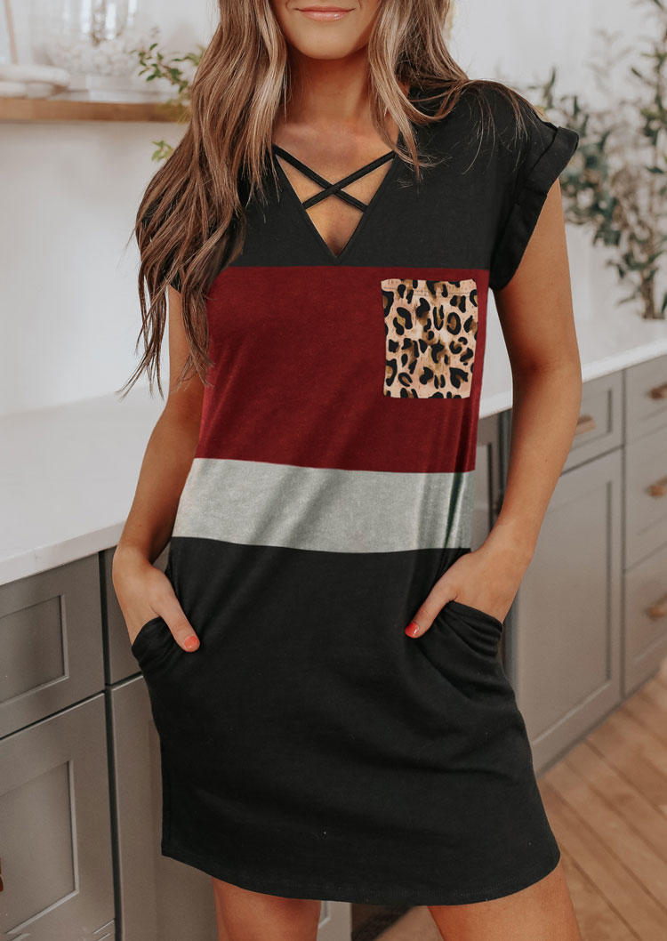 Color Block Leopard Pocket Criss-Cross Mini Dress