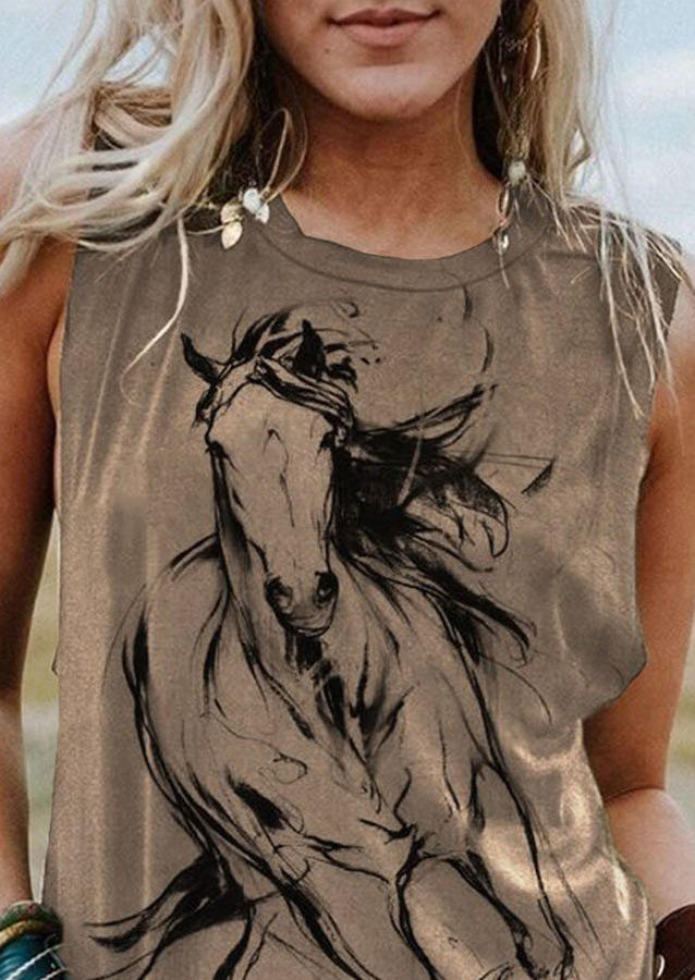 Tank Tops Horse O-Neck Casual Tank Top in Brown. Size: L,M,XL