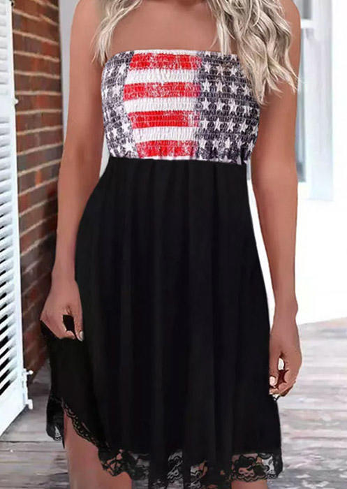 Mini Dresses American Flag Splicing Lace Smocked Strapless Mini Dress in Black. Size: L,M,S,XL
