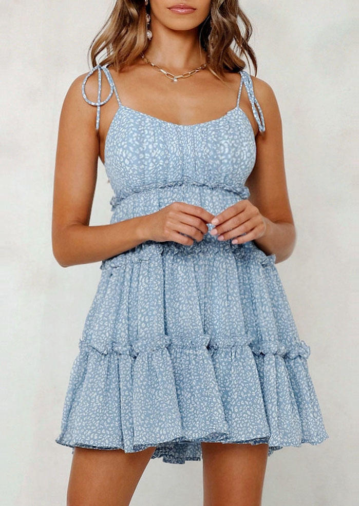 Mini Dresses Leopard Ruffled Spaghetti Strap Mini Dress in Blue. Size: M,S