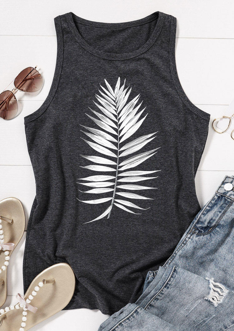 

Tank Tops Palm Leaf O-Neck Tank Top in Dark Grey. Size