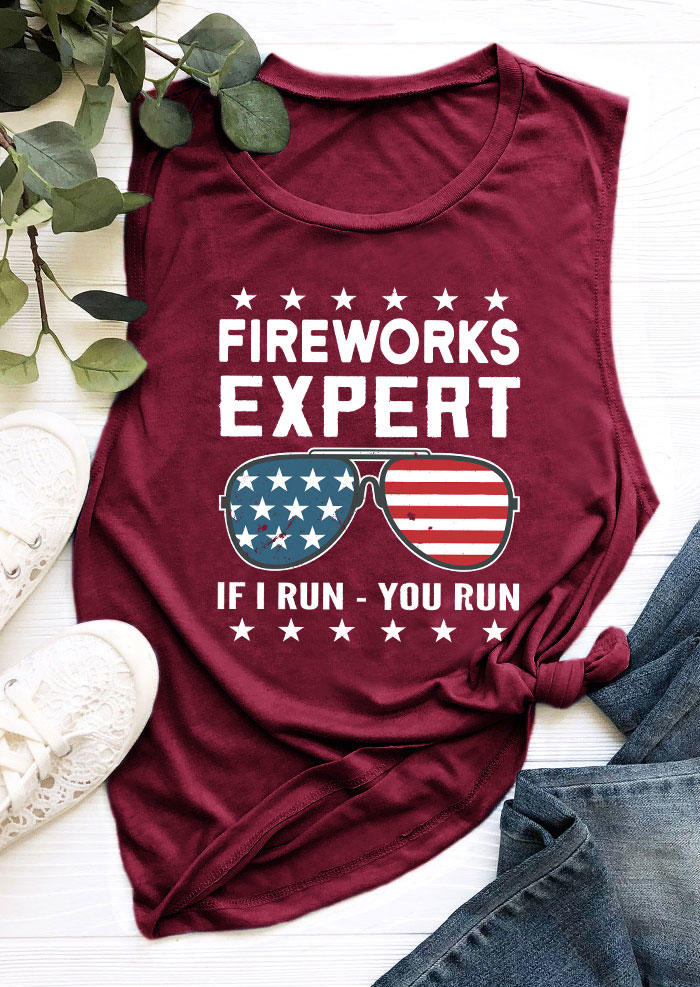 Tank Tops Fireworks Expert If I Run You Run American Flag Tank Top in Burgundy. Size: S,M,L,XL