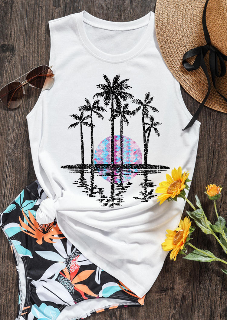 Tank Tops Sunset Coconut Tree O-Neck Tank Top in White. Size: L,M,XL