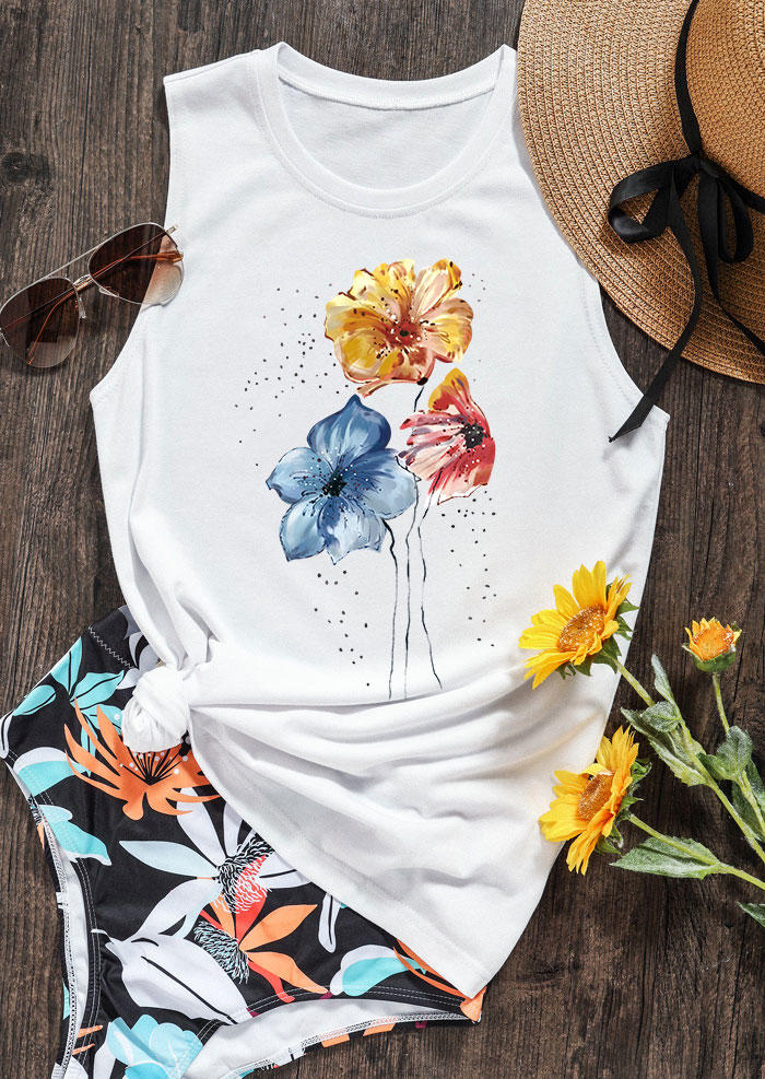 

Tank Tops Watercolor Floral O-Neck Casual Tank Top in White. Size