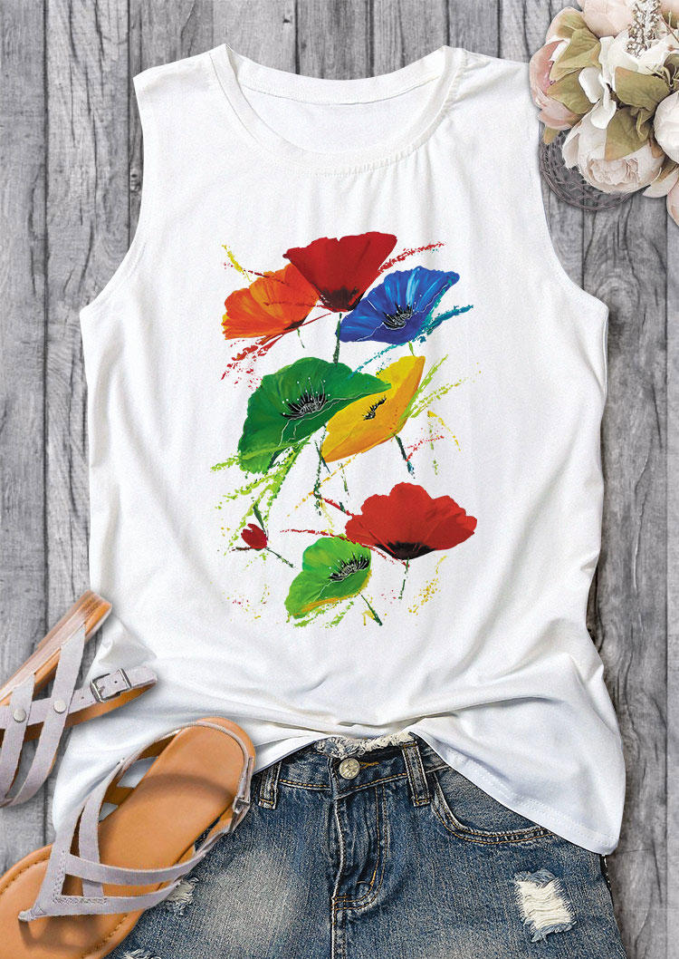 

Tank Tops Floral O-Neck Casual Tank Top in White. Size: ,XL