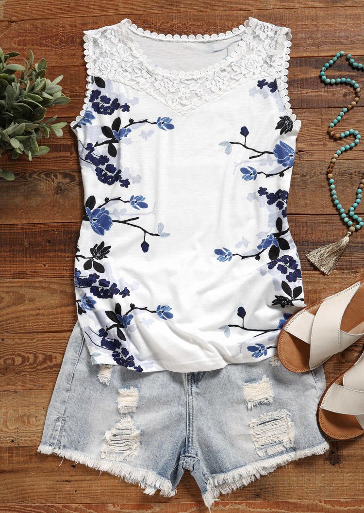 Tank Tops Lace Splicing Floral Casual Tank Top in White. Size: S,M,L,XL