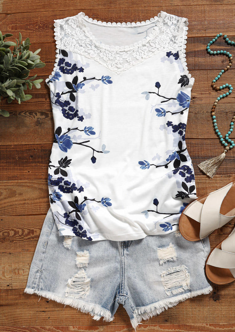 

Tank Tops Lace Splicing Floral Casual Tank Top in White. Size