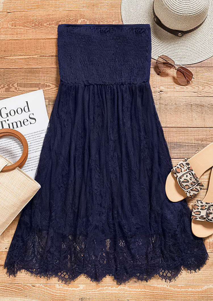 Lace Smocked Strapless Bandeau Mini Dress - Navy Blue